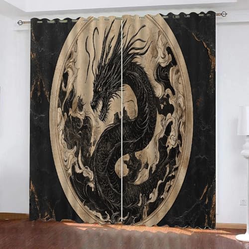 YUEAHOL Vorhang Blickdicht 3D 2Er Set Curtain Abstrakter Tierdrache Jahrgang fürs Kinderzimmer 260 cm Lang 140 cm Breite Gardine Lichtundurchlässig Fenstervorhang Wohnzimmer Schlafzimmer von YUEAHOL