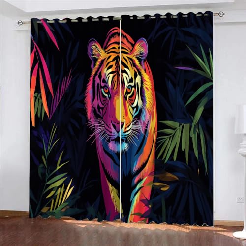 YUEAHOL Vorhang Blickdicht 3D 2Er Set Curtain Bunter Tiger Grüne Tropische Blätter fürs Kinderzimmer 260 cm Lang 140 cm Breite Gardine Lichtundurchlässig Fenstervorhang Wohnzimmer Schlafzimmer YUEAHOL Vorhang Blickdicht 3D 2Er Set Curtain Bunter Tiger Grüne Tropische Blätter fürs Kinderzimmer 260 cm Lang 140 cm Breite Gardine Lichtundurchlässig Fenstervorhang Wohnzimmer Schlafzimmer von YUEAHOL