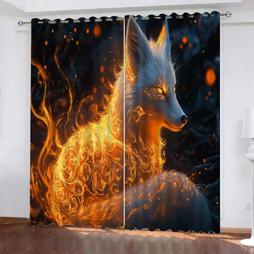 YUEAHOL Vorhang Blickdicht 3D 2Er Set Curtain Flammenfuchs Abstrakte Kunst fürs Kinderzimmer 160 cm Lang 150 cm Breite Gardine Lichtundurchlässig Fenstervorhang Wohnzimmer Schlafzimmer von YUEAHOL