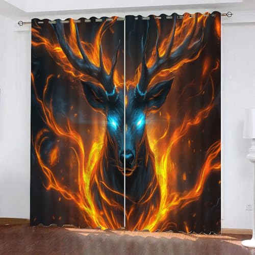 YUEAHOL Vorhang Blickdicht 3D 2Er Set Curtain Flammenhirsch Abstrakte Kunst fürs Kinderzimmer 240 cm Lang 270 cm Breite Gardine Lichtundurchlässig Fenstervorhang Wohnzimmer Schlafzimmer von YUEAHOL