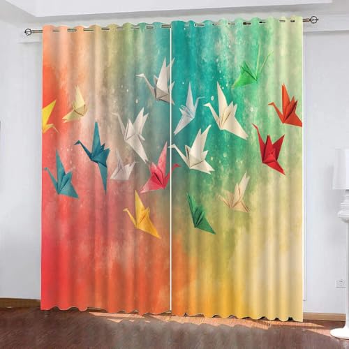 YUEAHOL Vorhang Blickdicht 3D Curtain Bunte Papierkraniche Zeichentrickfilme 160 cm Lang 150 cm Breite Wohnzimmer Gardinen Lichtundurchlässig Fenstervorhang Schlafzimmer von YUEAHOL