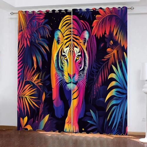 YUEAHOL Vorhang Blickdicht Mit Ösen 3D Curtain Bunter Tiger Tropische Pflanzenblätter 175 cm Lang 140 cm Breite Verdunkelungsvorhang 2Er Set Gardine Polyester für Schlafzimmer Wohnzimmer Dekoration von YUEAHOL