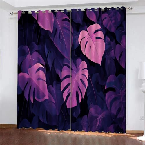 YUEAHOL Vorhang Blickdicht Mit Ösen 3D Curtain Lila Blätter Tropische Pflanze 214 cm Lang 180 cm Breite Verdunkelungsvorhang 2Er Set Gardine Polyester für Schlafzimmer Wohnzimmer Dekoration von YUEAHOL