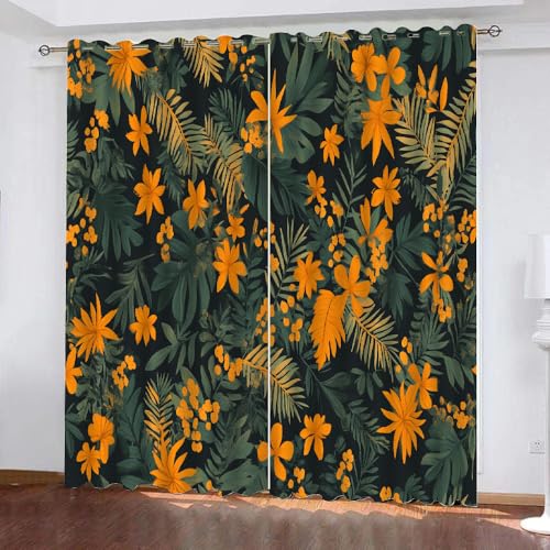 YUEAHOL Vorhang Blickdicht Mit Ösen 3D Curtain Orangenblüte Grüne Pflanzenblätter 260 cm Lang 280 cm Breite Verdunkelungsvorhang 2Er Set Gardine Polyester für Schlafzimmer Wohnzimmer Dekoration von YUEAHOL