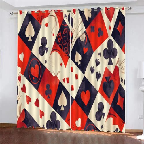 YUEAHOL Vorhang Blickdicht Mit Ösen 3D Curtain Poker Herz Pik Karo und Kreuz 214 cm Lang 180 cm Breite Verdunkelungsvorhang 2Er Set Gardine Polyester für Schlafzimmer Wohnzimmer Dekoration von YUEAHOL
