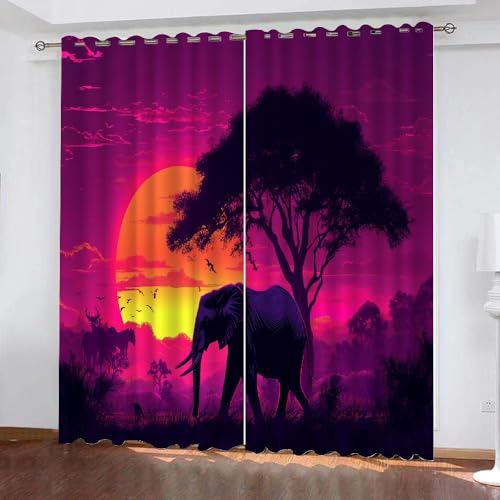 YUEAHOL Waldelefant Blickdichte Vorhänge, Sonnenuntergangssilhouette Thermovorhang Hitzeschutz mit Ösen Gardienen 2er-Set Lichtundurchlässige Vorhänge Schlafzimmer Blackout Curtains 220 x 210 cm von YUEAHOL