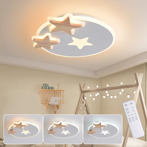 YUEEU 34CM Led Deckenleuchte Schlafzimmer,Holz Kinderzimmer Lampe Decke Stern Kinderlampe,Dimmbar Deckenlampe für Kinder Lampe mit Fernbedienung von YUEEU