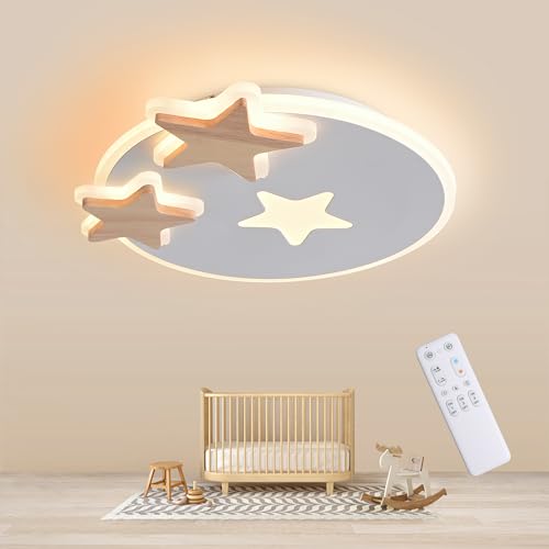 YUEEU 54CM Led Deckenleuchte Schlafzimmer,Holz Kinderzimmer Lampe Decke Stern Kinderlampe,Dimmbar Deckenlampe für Kinder Lampe mit Fernbedienung von YUEEU