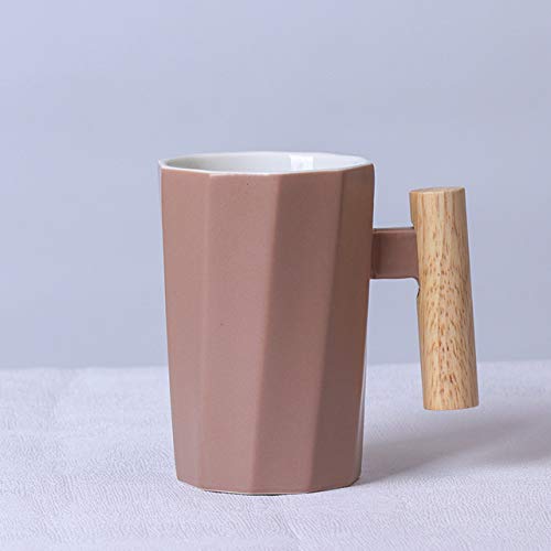 Tasse Kaffeebecher 380Ml Holzgriff Keramik Kaffeetasse Kreative Polygonale Office Home Milch Teetasse Für Geschenk, Pink von YUEHAN