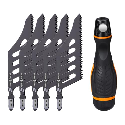 YUEHISY 5 Stück Jigsaw Blades, Flush Cutset mit Hohem Kohlenstoffs Tahl mit Sicherem Verriegelung Mechanismus, Anti-Rutsch-Griff für Effiziente Holz Bearbeitung von YUEHISY