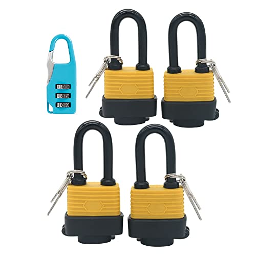 Set mit 4 gleichschließenden, wasserdichten Vorhängeschlössern, breiter Körper, wetterbeständiges Vorhängeschloss, 8 Schlüssel im Lieferumfang enthalten (1 kleines Passwortschloss) (Fernlicht) von YUEHUA