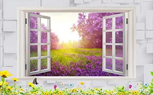 Fototapete 3D Tapete Kinderzimmer Deko Fantasie Fenster Lavendel Lila Landschaft Tapeten Vliestapete Wandbilder Wohnzimmer Schlafzimmer Wanddeko 350cm×256cm von YUEHUAYUN