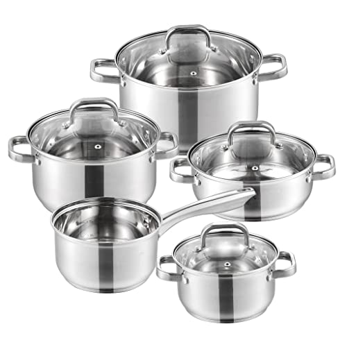 Antihaft-Topf, Gusseisenpfanne, Pack Of 9 Stainless Steel Cookware Set With Glass Lids von YUEKOPOU