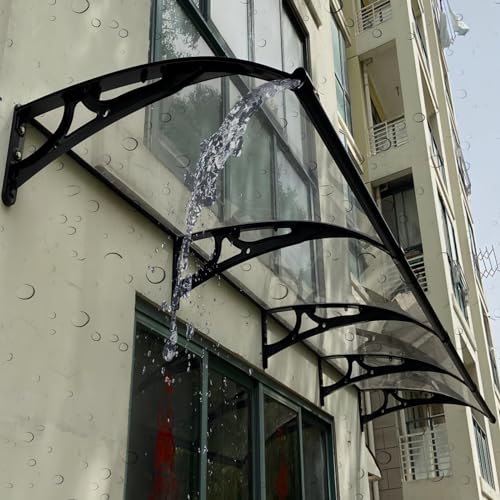 Außen-Türüberdachung, transparente Überdachung, Polycarbonat-Markise mit Drainage-Trog Aluminium-Klammern UV-Schneeschutz Schwarz Mehrere Größen(L:60*W:120(cm)) von YUEKOPOU