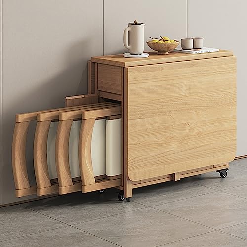 Esstischstühle Solid Wood Folding Dining Table Set with 4 Chairs - 1.4m Drop Leaf Extendable Table for Kitchen, Dining Room, Living Room, and Restaurant - Beige von YUEKOPOU