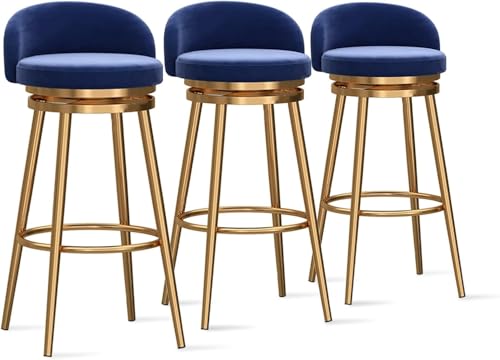 YUEKOPOU Esstischstühle Modern Velvet Bar Stools Set of Low Back Kitchen Counter Chairs with Gold Metal Legs for Home or Commercial Use(Blue,3 PCS) von YUEKOPOU