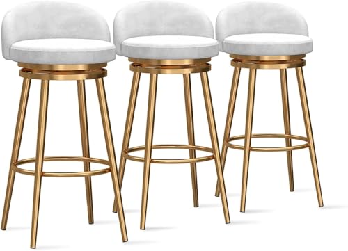 YUEKOPOU Esstischstühle Modern Velvet Bar Stools Set of Low Back Kitchen Counter Chairs with Gold Metal Legs for Home or Commercial Use(White,3 PCS) von YUEKOPOU
