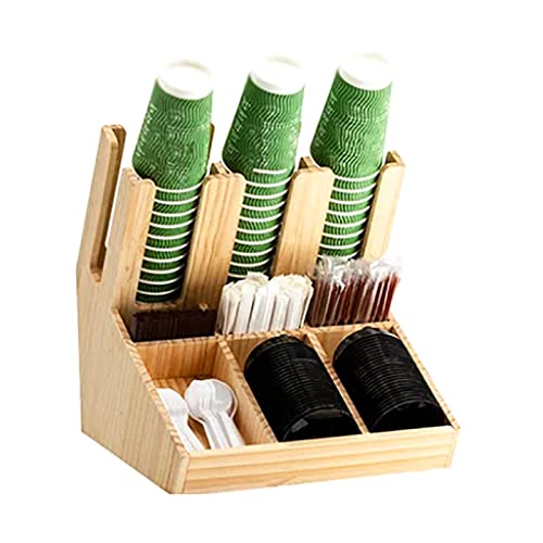 YUEKOPOU Kaffee-Organisator,Edelstahl-Tassen-Deckel-Halter, 6 Compartment Bamboo Coffee Condiment Organizer Cup and Lid Storage 33.5x38x35cm von YUEKOPOU