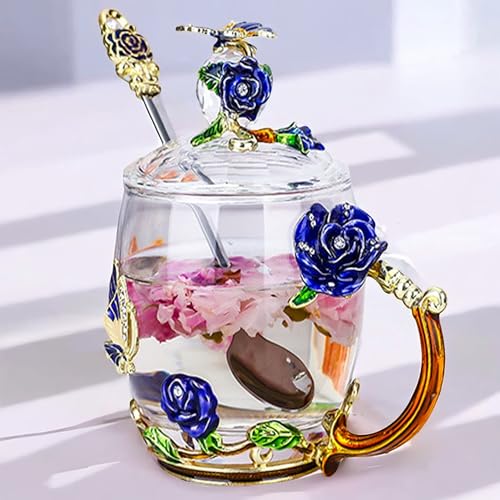 YUEMING Emaille Kaffee Tee Tasse,3D Rose Schmetterling Glas Tassen,mit Löffel,Hochzeitsgeschenk Kaffeetasse,Teetasse,Wassertasse（Blau+320ml） von YUEMING