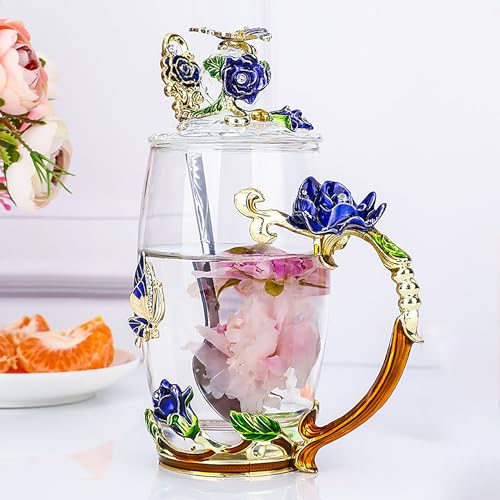 YUEMING Emaille Kaffee Tee Tasse,3D Rose Schmetterling Glas Tassen,mit Löffel,Hochzeitsgeschenk Kaffeetasse,Teetasse,Wassertasse(（Blau+350ml）) von YUEMING