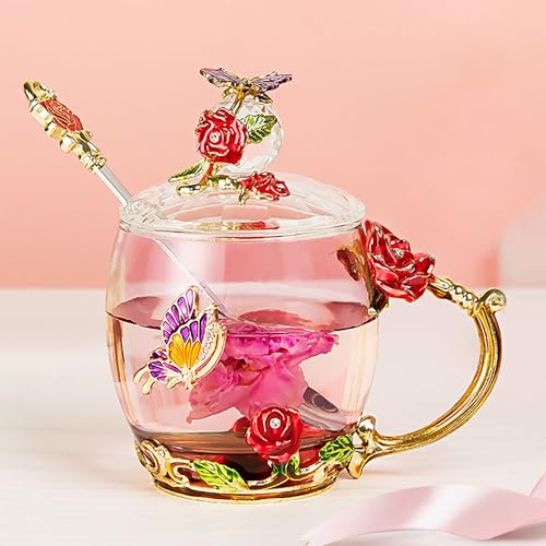 YUEMING Emaille Kaffee Tee Tasse,3D Rose Schmetterling Glas Tassen,mit Löffel,Hochzeitsgeschenk Kaffeetasse,Teetasse,Wassertasse(Rot+320ml) von YUEMING