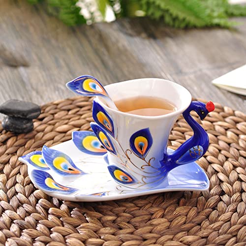 YUEMING Emaille Pfau Kaffeetasse Keramiktasse Keramik Tasse Emaille Porzellan Untertasse Löffel Kaffeetasse Set 200ml (Blau) von YUEMING