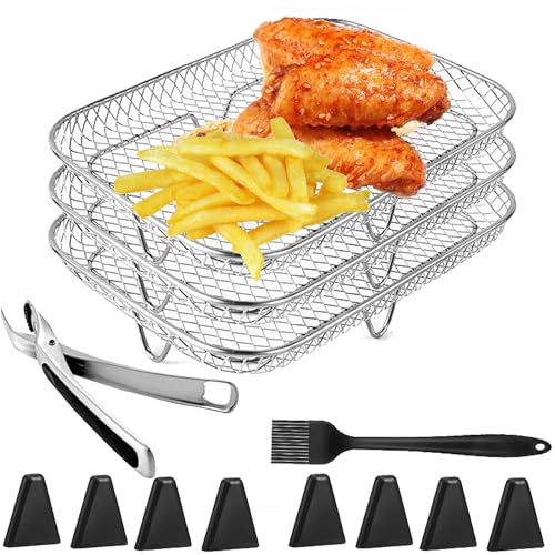 YUEMING Heißluftfritteuse Zubehör, 3 Layers Air Fryer Rack for Ninja Dual Basket mit Silikonfüßen, Zange und Bürste, Luftfritteusen-Zubehör für Ninja AF300EU and Other Double Drawer Fryers von YUEMING