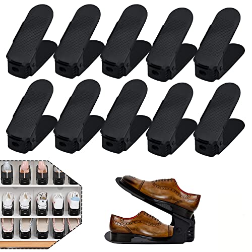 YUENFONG 10 Stück Einstellbare Schuhregale Schuhstapler Schuhhalter Set, 3 höhenverstellbar Schuhaufbewahrung, Platzsparend, Rutschfest Kunststoff (Schwarz) von YUENFONG