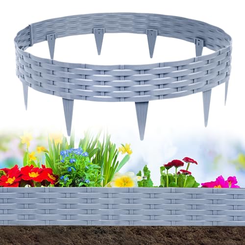 YUENFONG 10m Beeteinfassung Rasenkante Biegbarer Beetumrandungen Kunststoff Rasenkanten, Rattan-Optik Zaun Gartenpalisade Beetbegrenzung, 10 Elemente á 100cmX20cm, Grau von YUENFONG