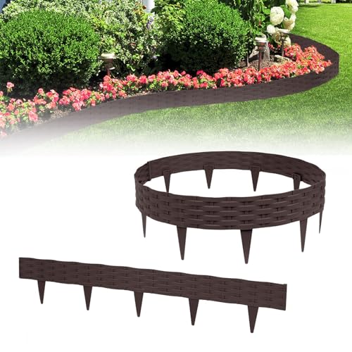 YUENFONG 15m Beeteinfassung Rasenkante Biegbarer Beetumrandungen Kunststoff Rasenkanten, Rattan-Optik Zaun Gartenpalisade Beetbegrenzung, 15 Elemente á 100cmX20cm, Braun von YUENFONG