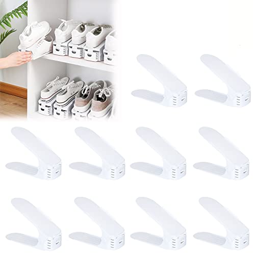 YUENFONG 20 Stück Einstellbare Schuhregale Schuhstapler Schuhhalter Set, 3 höhenverstellbar Schuhaufbewahrung, Platzsparend, Rutschfest Kunststoff (Weiß) von YUENFONG