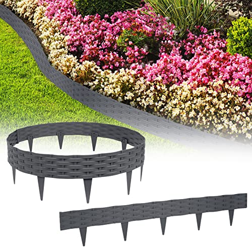 YUENFONG 20m Beeteinfassung Rasenkante Biegbarer Beetumrandungen Kunststoff Rasenkanten, Rattan-Optik Zaun Gartenpalisade Beetbegrenzung, 20 Elemente á 100cmX20cm, Anthrazit von YUENFONG