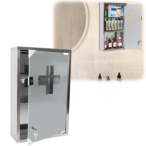 YUENFONG 3 Fächer Medizinschrank aus Edelstahl, Arzneischrank Abschließbar Apothekerschrank mit Glas Tür - Einlegeboden, Medikamentenschrank mit 2 Schlüsseln, 30 x 12 x 50 cm von YUENFONG