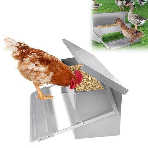 YUENFONG 5kg Hühner Futterautomat Automatischer Futterspender Feeder Hühnerfutterautomat mit Deckel, Wetterfester futtertrog aus Verzinkter, für Geflügel Enten Hühner von YUENFONG