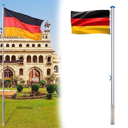 YUENFONG Aluminium Fahnenmast 6,5m inkl Deutschlandfahne, 5 Verschiedene Höhenverstellbar Seilzug und Stabil Bodenhülse Zugseil Teleskop Flaggenmast, 150 x 80 cm von YUENFONG