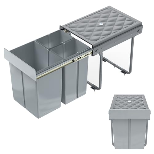 YUENFONG Einbaumülleimer 3 Fächer 2x10+20 Liter, Unterschrank Abfallsammler Mülleimer mit Teleskopschienen Ausziehbarer Mülltrennsystem Abfalleimer, 48 x 34,2 x 41,8cm von YUENFONG