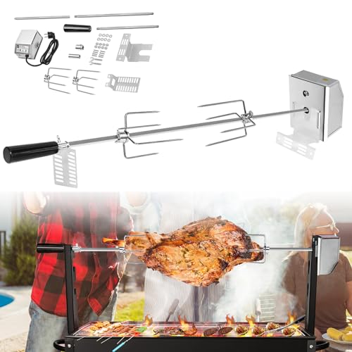 YUENFONG Grillspieß Motor Set, Edelstahl Grillspieß Motor 220-240V, Grillspieß 107cm, Elektrischer Drehspieß mit 2X BBQ Fleischnadeln, für Außenaktivität, Camping-Picknicks, Partys von YUENFONG