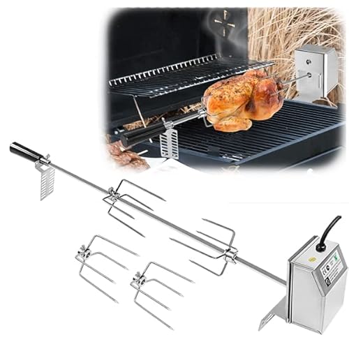 YUENFONG Grillspieß Motor Set, Edelstahl Grillspieß Motor 220-240V, Grillspieß 107cm, Elektrischer Drehspieß mit 4X BBQ Fleischnadeln, für Außenaktivität, Camping-Picknicks, Partys von YUENFONG