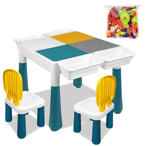 YUENFONG Kindertisch mit 2 Stuhl Set, Aktivitätstisch Set inkl. 163 Stück Bausteine, Multifunktionaler Kinderstuhl Tisch mit Aufbewahrungsbox, für Kindergarten Kinderzimmer, Type A von YUENFONG