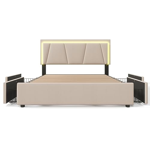 YUENFONG Polsterbett 160x200cm Stauraumbetten, Doppelbett mit mit LED-Beleuchtung- 4 Schubladen, Höhenverstellbarem Kopfteil mit lattenrost, Ohne Matratze, Beige von YUENFONG