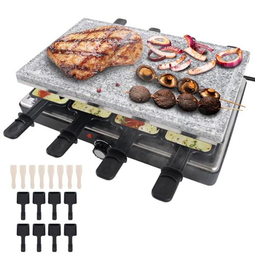 YUENFONG Raclette Grill für 8 Personen, mit Grillplatte & Steinplatte, Elektrogrill Raclette Grill inkl. 8 Pfännchen & Holzspachtel, 1400W, Schwarz von YUENFONG