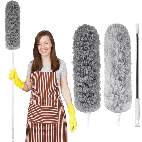 YUEVER Staubwedel Teleskop Waschbar 2pcs, Staubwedel Lang Ausziehbar bis 2.5m, Grau Staubwischer Mikrofaser mit Verbiegbare Eckbesen, für Männer, Frauen, Senioren, Hohe Decken, Leicht Wiederverwendbar von YUEVER
