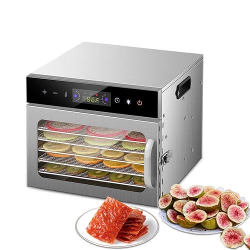 YUEWO Lebensmittel Dörrgerät 6 Edelstahlbleche 304 800W Mit Timer Max. 24 H Temperaturregelung 30–90 °C Für Trockenfleisch, Hundeleckerlis, Kräuter, Fleisch, Obst von YUEWO