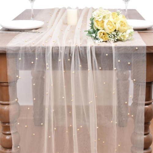 Tischläufer Tüll mit Perlen, 80 x 200cm Chiffon Tischläufer, Läufer Tisch Spitzen Tüllstoff, Perlenspitze Tischdecke, Tischdecke aus Perlenspitze, für Partys, Hochzeiten, DIY Kreativität von YUEXNKO
