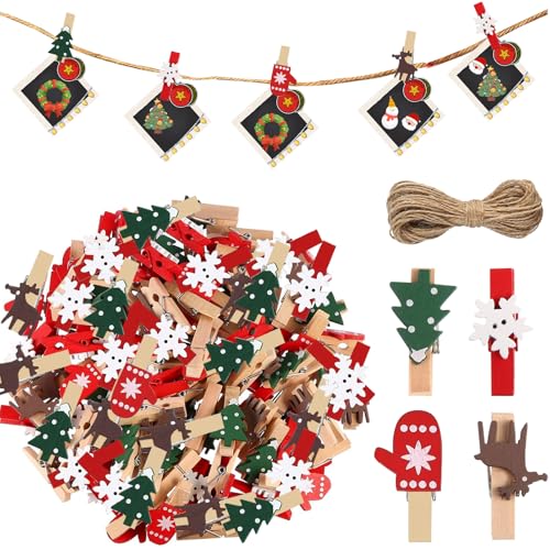 Weihnachten Kleine Clips, 100 Stück Kleine Clips Christmas, Weihnachten Mini Holz Clip, Christmas Klammern Klein, Christmas Holz Clips, Weihnachten Holz Clips, mit 10 Meter Hanf Schnur Weihnachten Kleine Clips, 100 Stück Kleine Clips Christmas, Weihnachten Mini Holz Clip, Christmas Klammern Klein, Christmas Holz Clips, Weihnachten Holz Clips, mit 10 Meter Hanf Schnur von YUEXNKO