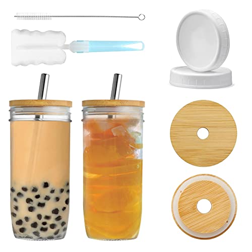 YUEYEE Masongläser mit Deckel und Strohhalmen,Bubble Tea Becher 24OZ Trinkgläser 2pcs Breiter Mund Mason Jar für DIY Lebensmittelsaft,Kaffee,Smoothie,Tee,Marmelade,Honig von YUEYEE