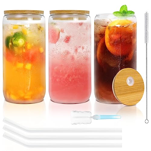 YUEYEE Trinkgläser 3er-Set 500 ml Iced Coffee Glas in Dosenform mit Glasstrohhalmen Bambusdeckel,Wiederverwendbares Bubble Tea Becher,Smoothie Becher für Soda Bier Cola Milch Cocktail Whiskey von YUEYEE