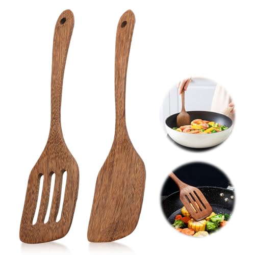 2 Stück Küchenhelfer Holz Holzspatel Küche Spülmaschinenfest kochbesteck Holz mit Maserung Langem Griff Antihaft Holzspachtel für Wok Pfanne mit Antihaftbeschichtung(30.5x7.5cm) von YUFFQOPC