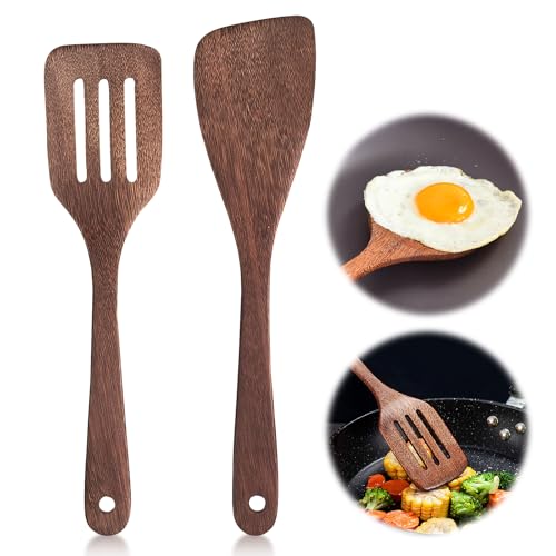 2 Stück Pfannenwender Holz, Holzspatel Zum Kochen Pfannenwender Aus Holz Holzspatel Küche mit Maserung Langem Griff Antihaft Holzspachtel für Wok Pfanne mit Antihaftbeschichtung von YUFFQOPC