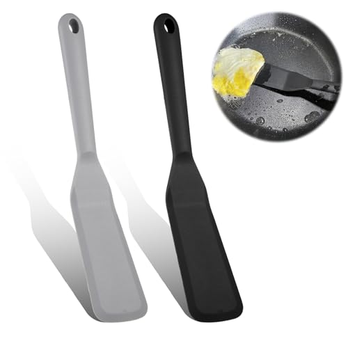 Pfannenwender Silikon Klein 2 Stück Weicher Silikon Pfannenwender Antihaft Silicone Spatula Hitzebeständig küchenhelfer Set für Kochen Eier Fisch Steak Pizza Burger(Schwarz und Grau) von YUFFQOPC